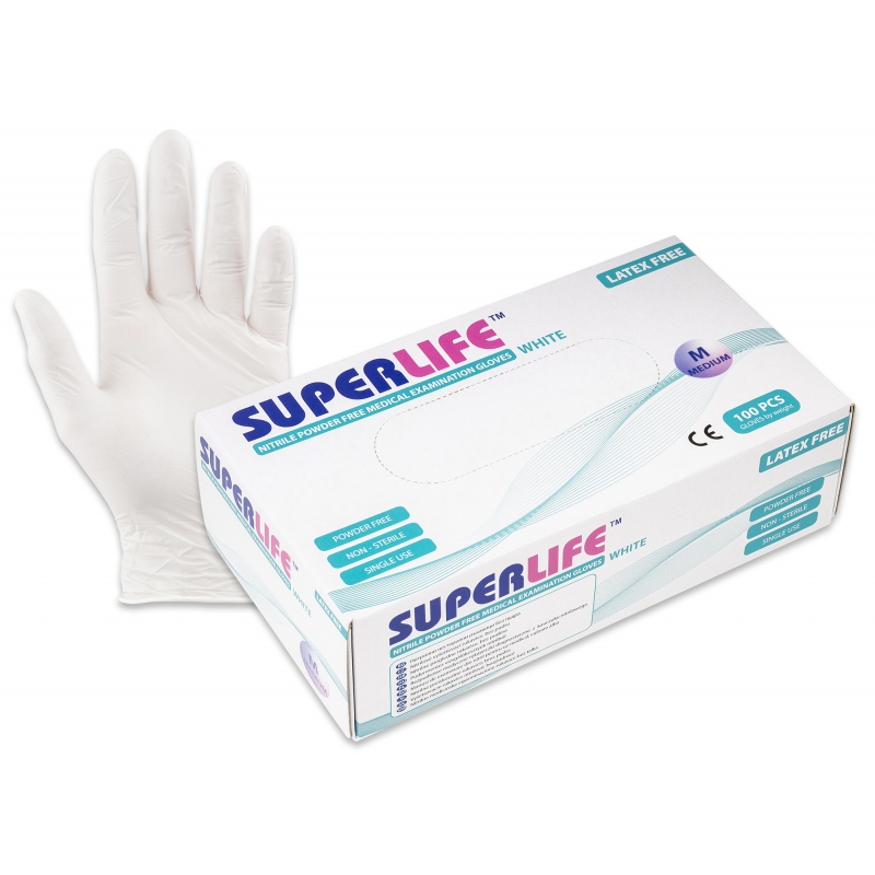 SUPERLIFE rukavice jednorázové nitrilové bílé vel. M 100 ks