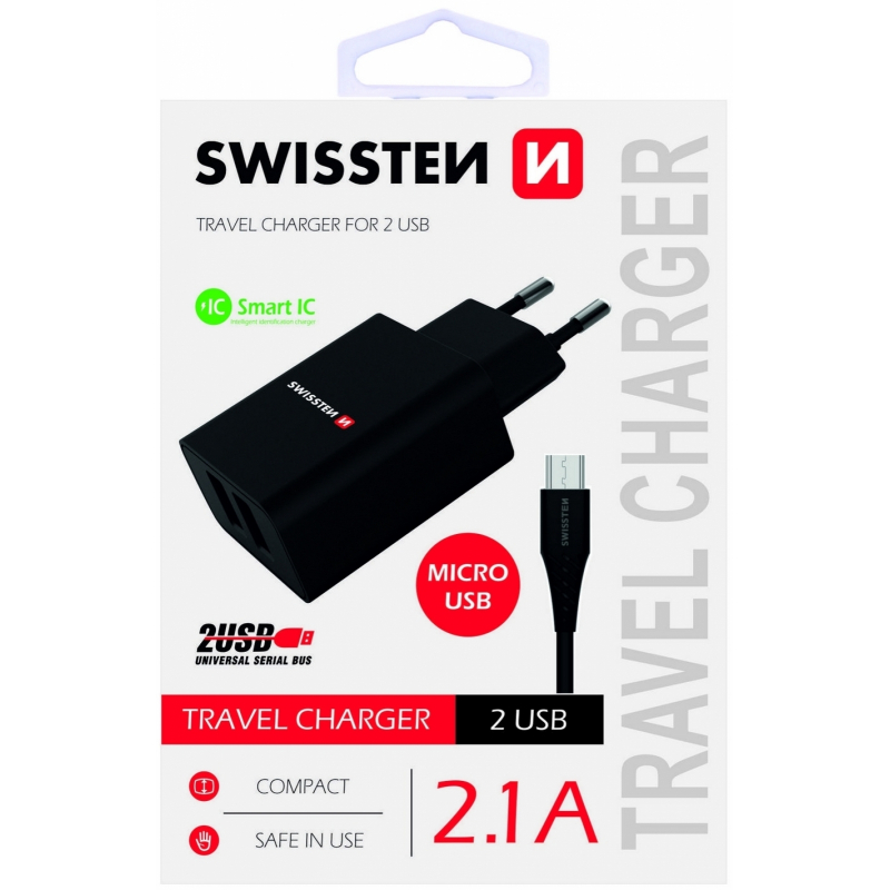 Nab�je�ka SWISSTEN Smart IC 2,1 A 2x USB �ern� s USB/MicroUSB 1,2 m