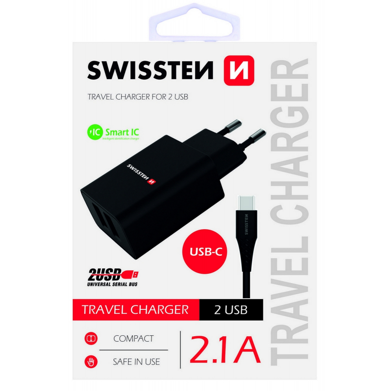 Nabíječka SWISSTEN USB-C Smart IC 2,1A 2x USB černá s USB/USB-C 1,2m