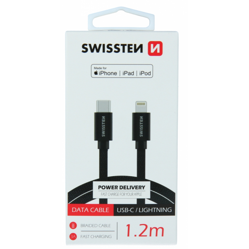 Kabel SWISSTEN USB-C / Lightning, MFi, 1,2 m, textilní, černý