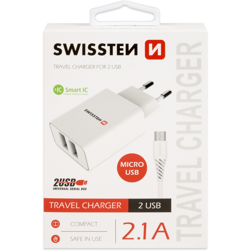 Nabíječka SWISSTEN Smart IC 2,1A 2xUSB bílá, USB/MicroUSB 1,2m