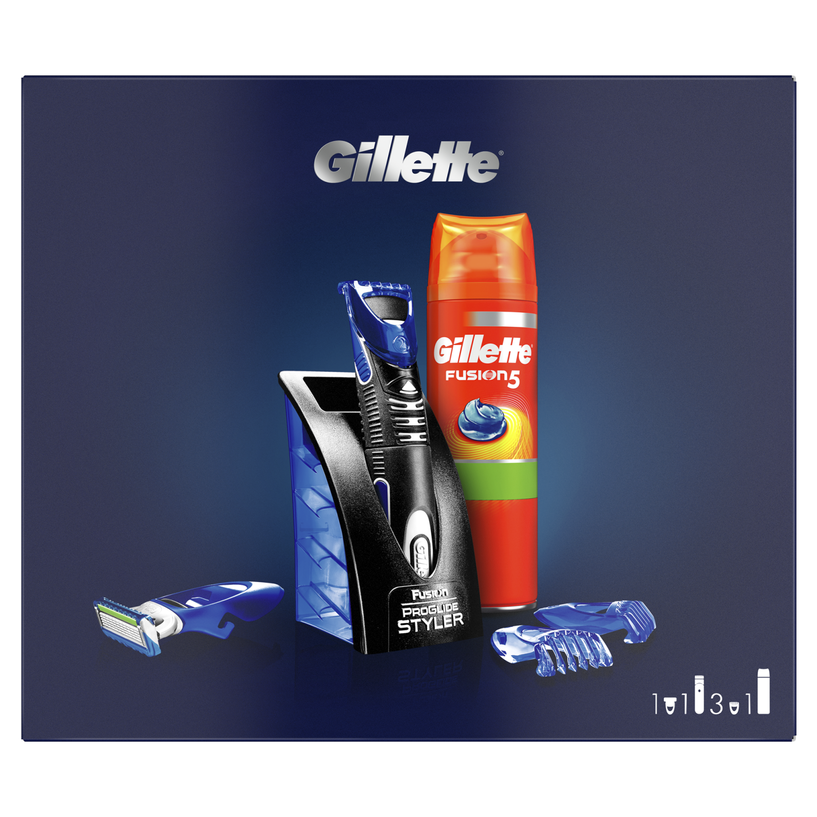 GILLETTE Fusion Proglide Styler (zastřihovač + 1 NH + 3 zastř. hřebínky + gel 200 ml)
