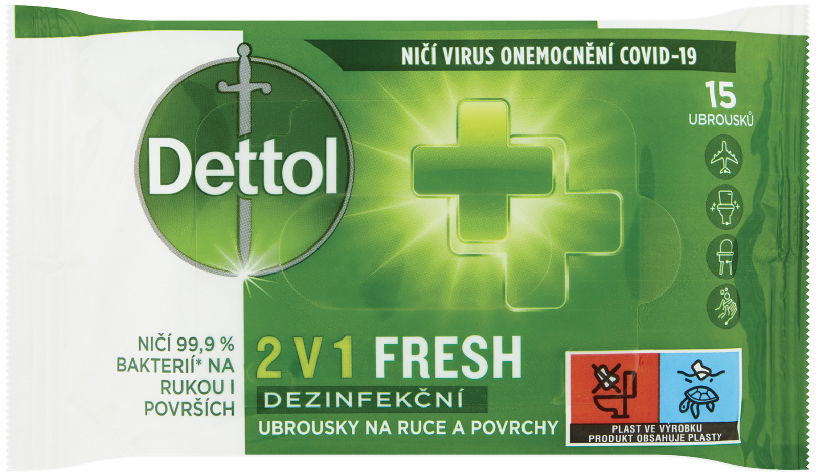 DETTOL Fresh 2 v 1 Dezinfek�n� ubrousky 15 ks na ruce a povrchy