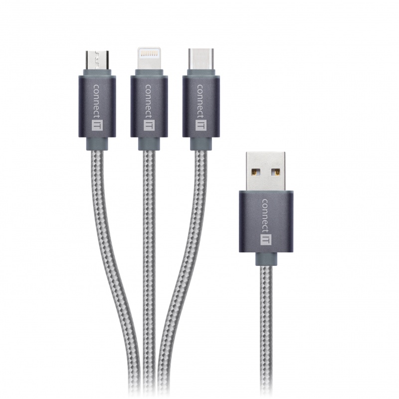 Kabel USB CONNECT IT Wirez 3in1 USB-C & Micro USB & Lightning, 1,2 m
